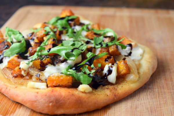Caramelized Onion, Butternut Squash and Arugula Pizza